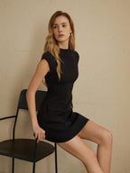 Women's Mini Dress Black Polyester with Pocket-4