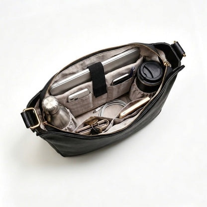 Hobo Shoulder Bag – Curved Shape and Adjustable Strap — Black, open interior and compartments | BTendance