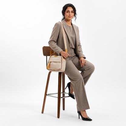 Multi-Pocket Crossbody Bag – Monceau Adjustable Strap — Beige, seated outfit styling | BTendance