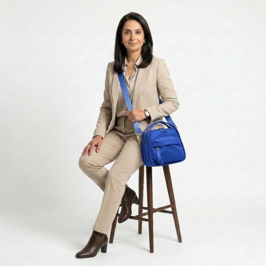 Multi-Pocket Crossbody Bag – Monceau Adjustable Strap — Navy Blue, seated outfit styling | BTendance
