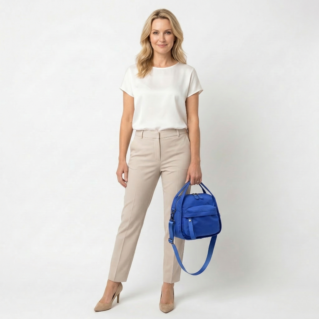 Multi-Pocket Crossbody Bag – Monceau Adjustable Strap — Navy Blue, hand-held outfit styling | BTendance