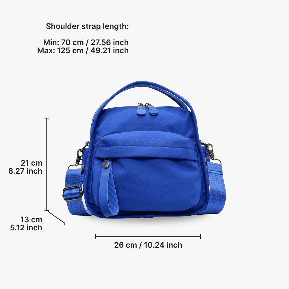 Multi-Pocket Crossbody Bag – Monceau Adjustable Strap — Navy Blue, measurements | BTendance