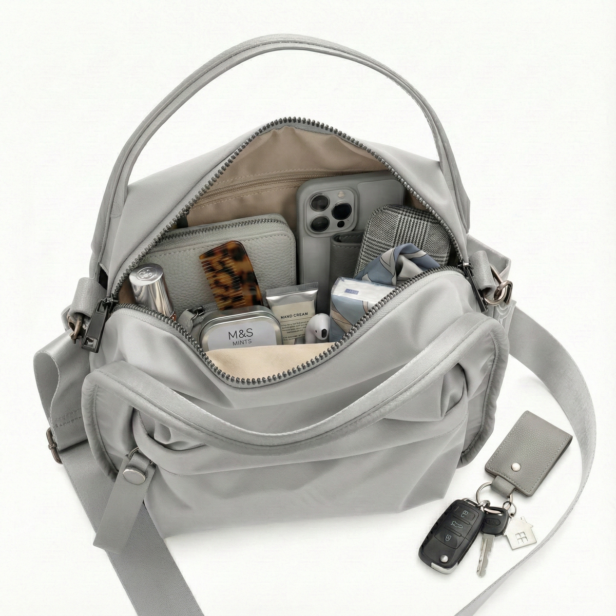 Multi-Pocket Crossbody Bag – Monceau Adjustable Strap — Grey, open main compartment | BTendance