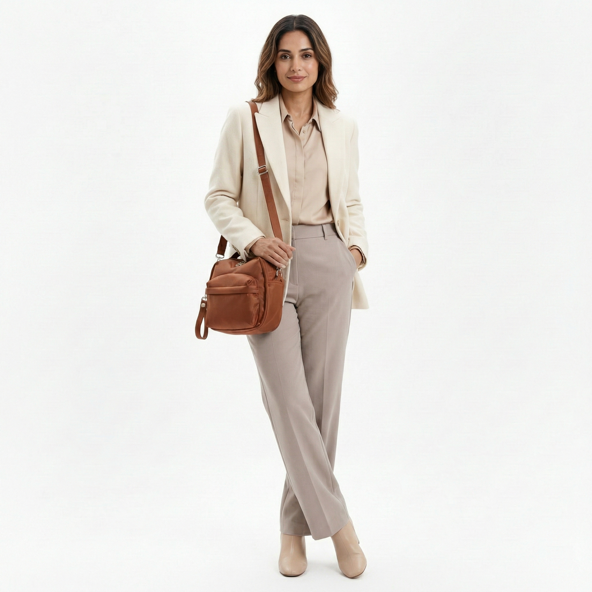 Multi-Pocket Crossbody Bag – Monceau Adjustable Strap — Brown, front outfit styling | BTendance