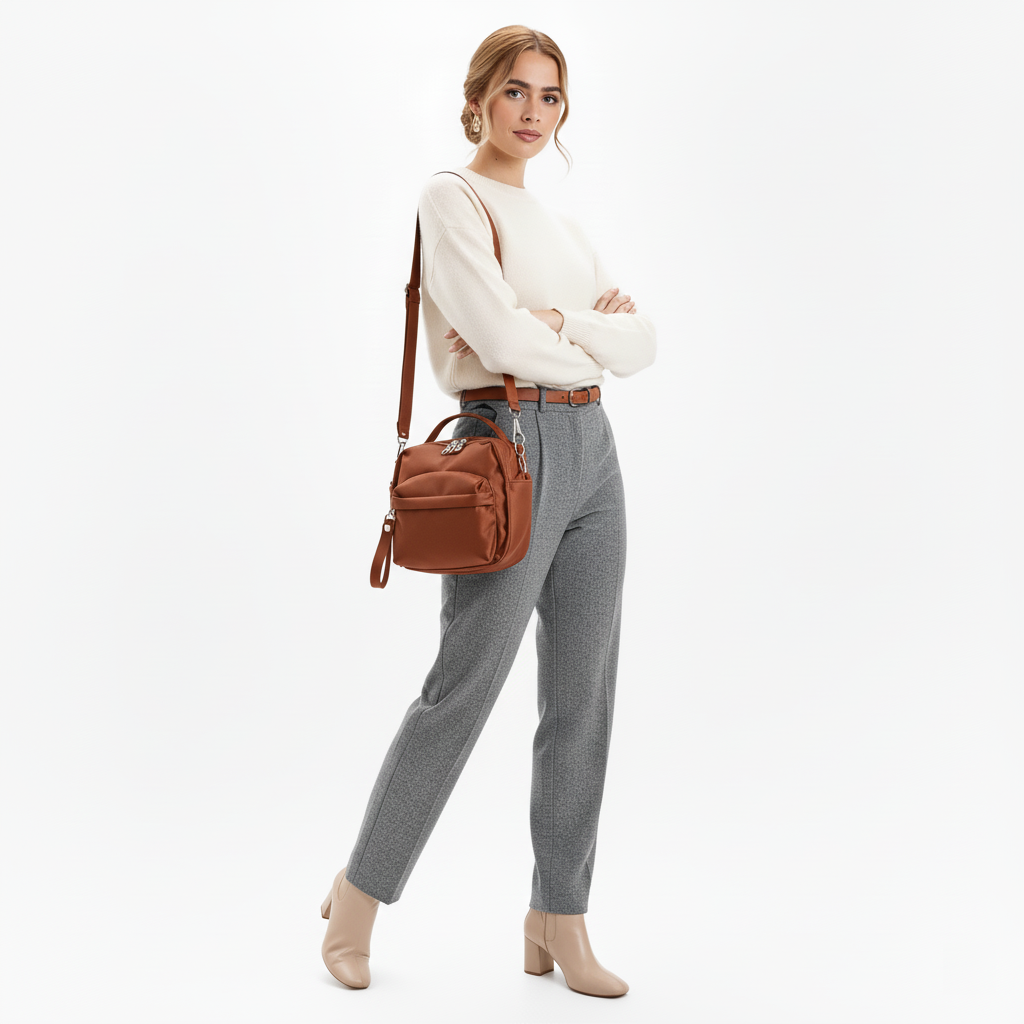 Multi-Pocket Crossbody Bag – Monceau Adjustable Strap — Brown, crossbody outfit styling | BTendance