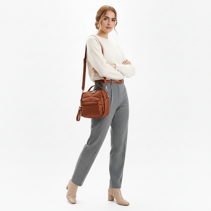 Multi-Pocket Crossbody Bag – Monceau Adjustable Strap — Brown, crossbody outfit styling | BTendance
