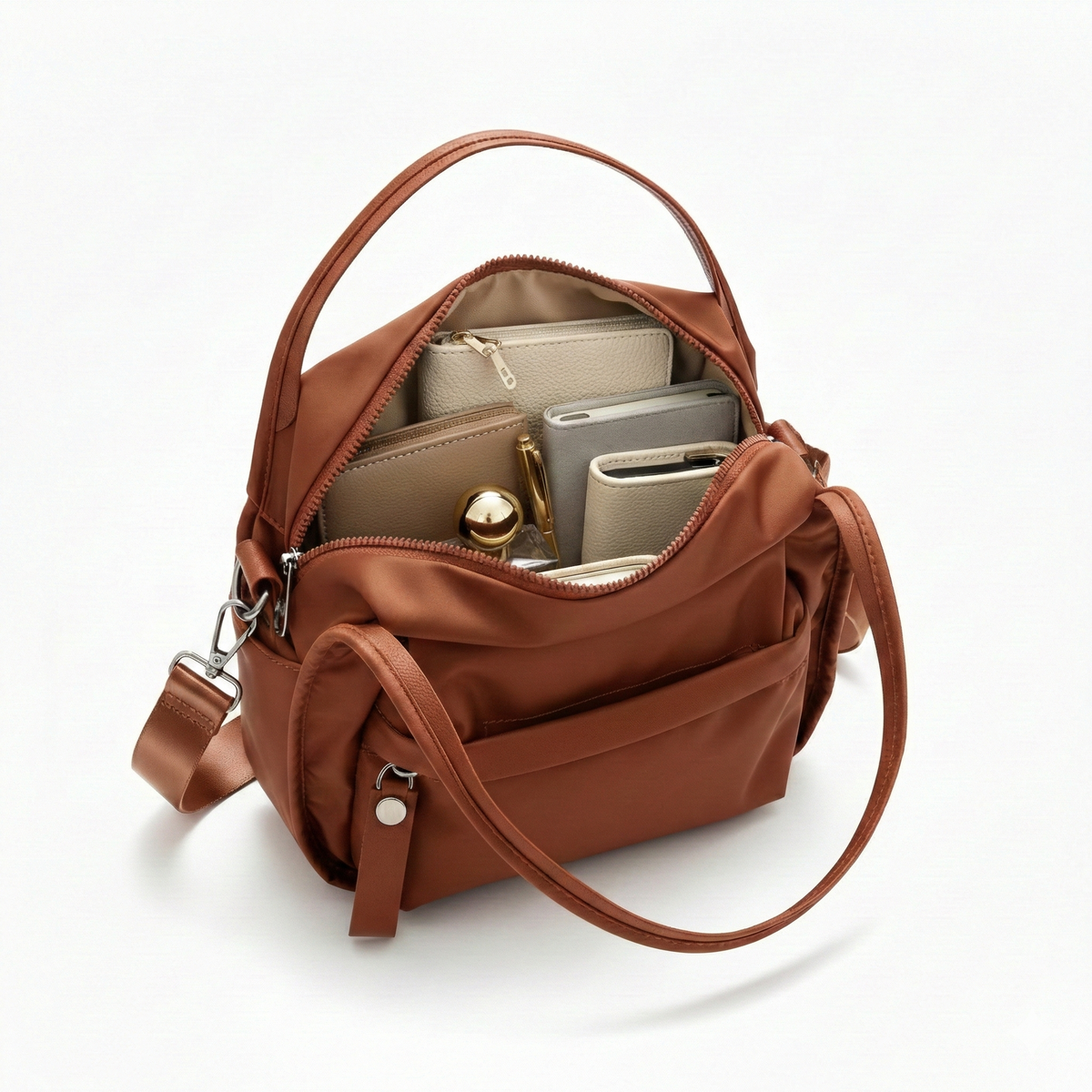 Multi-Pocket Crossbody Bag – Monceau Adjustable Strap — Brown, open main compartment | BTendance