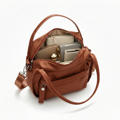 Multi-Pocket Crossbody Bag – Monceau Adjustable Strap — Brown, open main compartment | BTendance