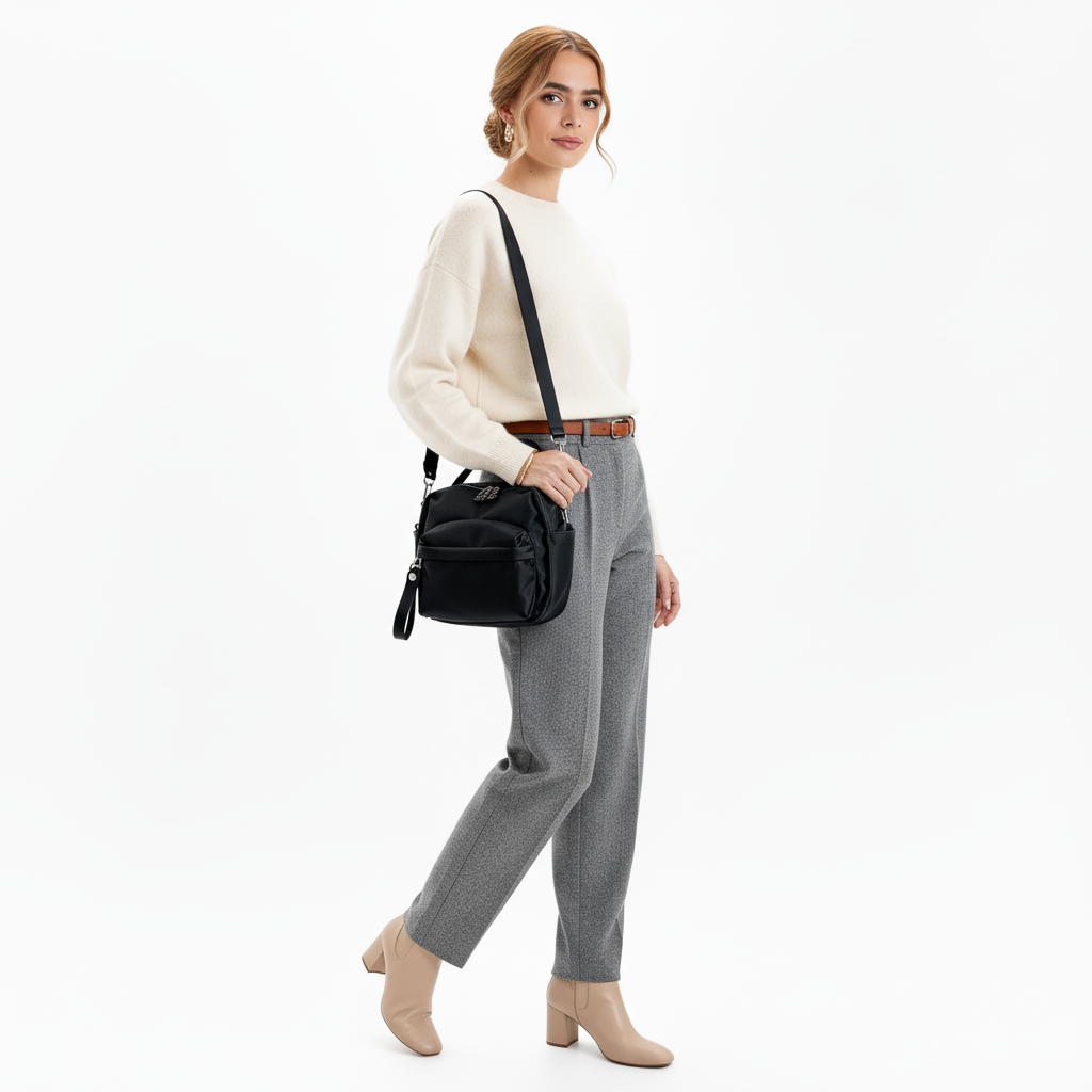 Multi-Pocket Crossbody Bag – Monceau Adjustable Strap — Black, crossbody outfit styling | BTendance