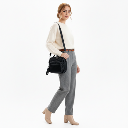 Multi-Pocket Crossbody Bag – Monceau Adjustable Strap — Black, crossbody outfit styling | BTendance