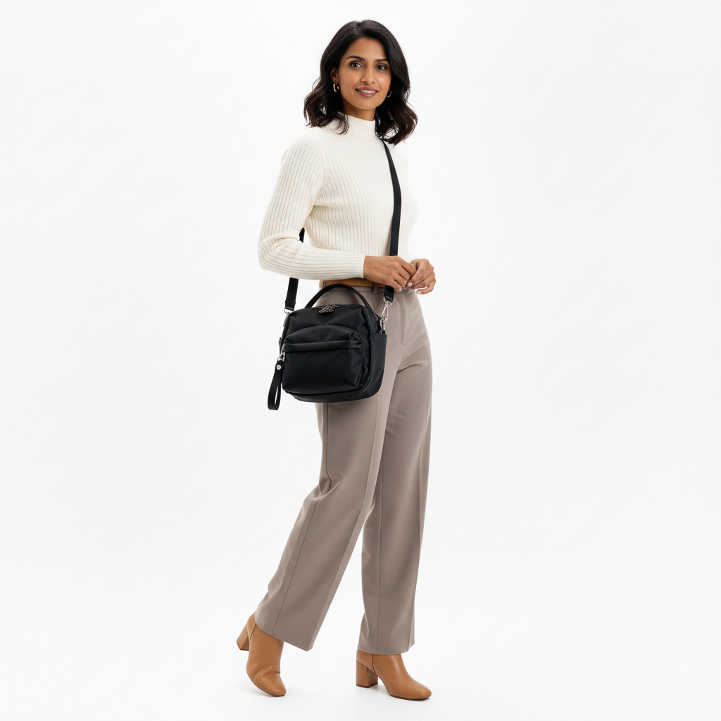 Multi-Pocket Crossbody Bag – Monceau Adjustable Strap — Black, front outfit styling | BTendance