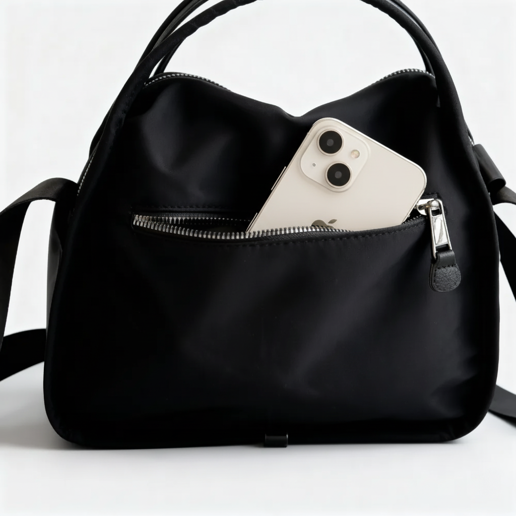 Multi-Pocket Crossbody Bag – Monceau Adjustable Strap — Black, back pocket detail | BTendance