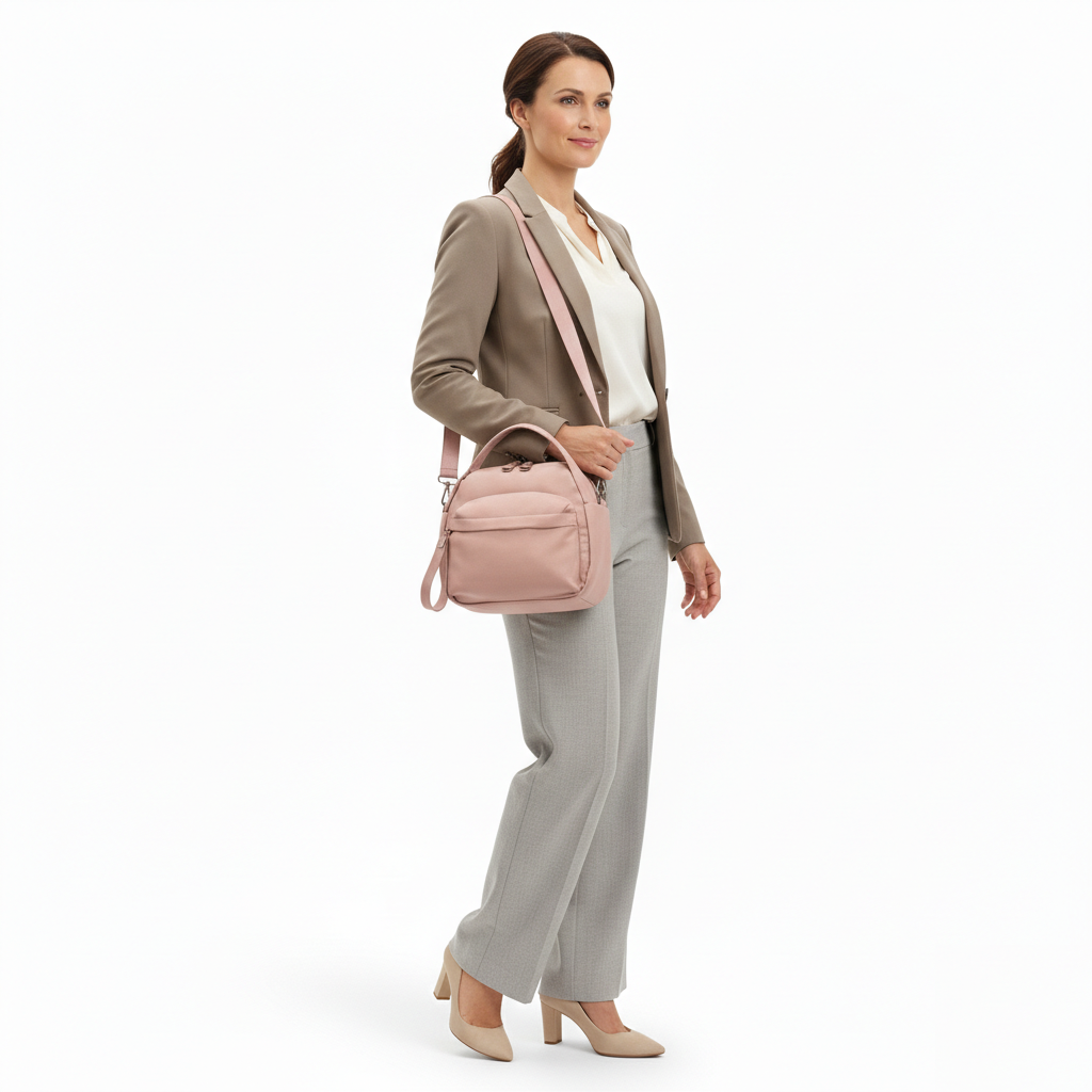 Multi-Pocket Crossbody Bag – Monceau Adjustable Strap — Pink, front outfit styling | BTendance