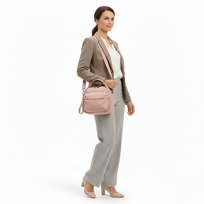Multi-Pocket Crossbody Bag – Monceau Adjustable Strap — Pink, front outfit styling | BTendance