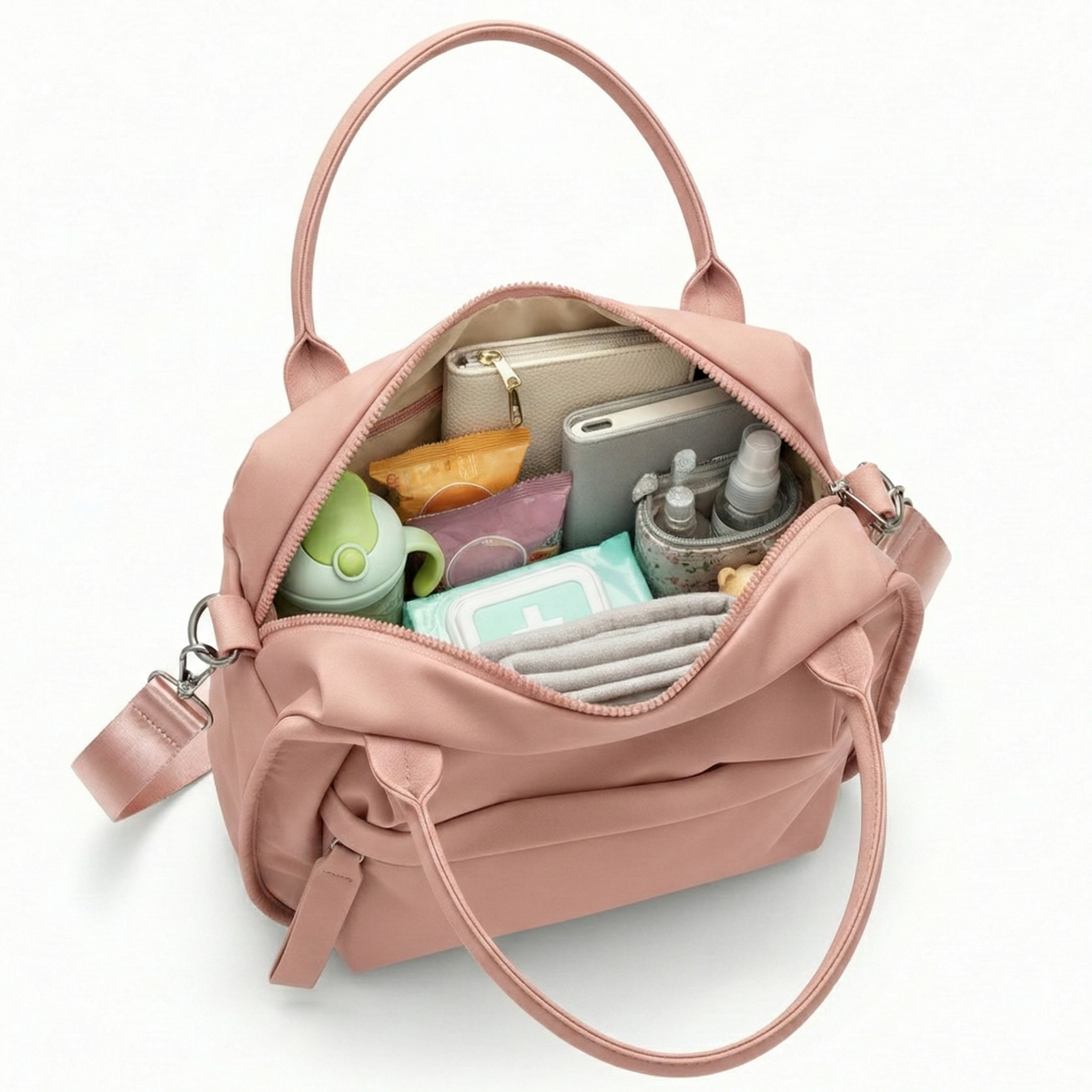 Multi-Pocket Crossbody Bag – Monceau Adjustable Strap — Pink, open main compartment | BTendance