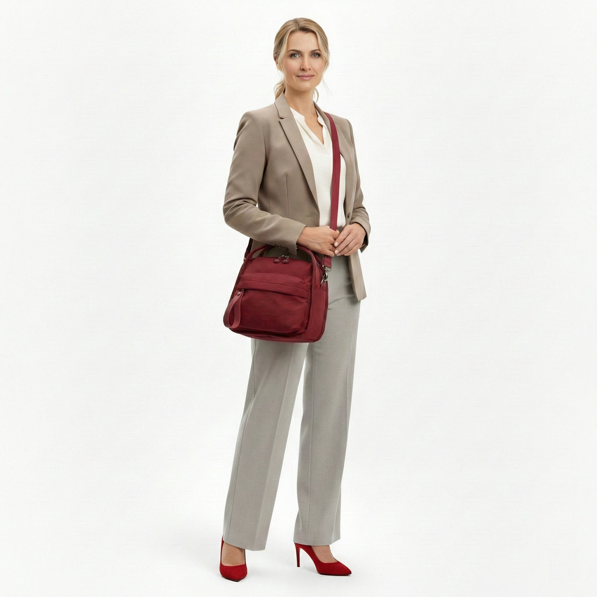 Multi-Pocket Crossbody Bag – Monceau Adjustable Strap — Burgundy, front outfit styling | BTendance