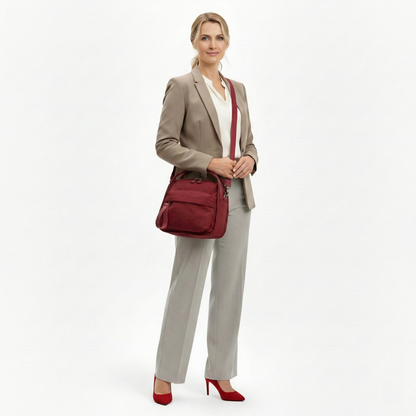 Multi-Pocket Crossbody Bag – Monceau Adjustable Strap — Burgundy, front outfit styling | BTendance