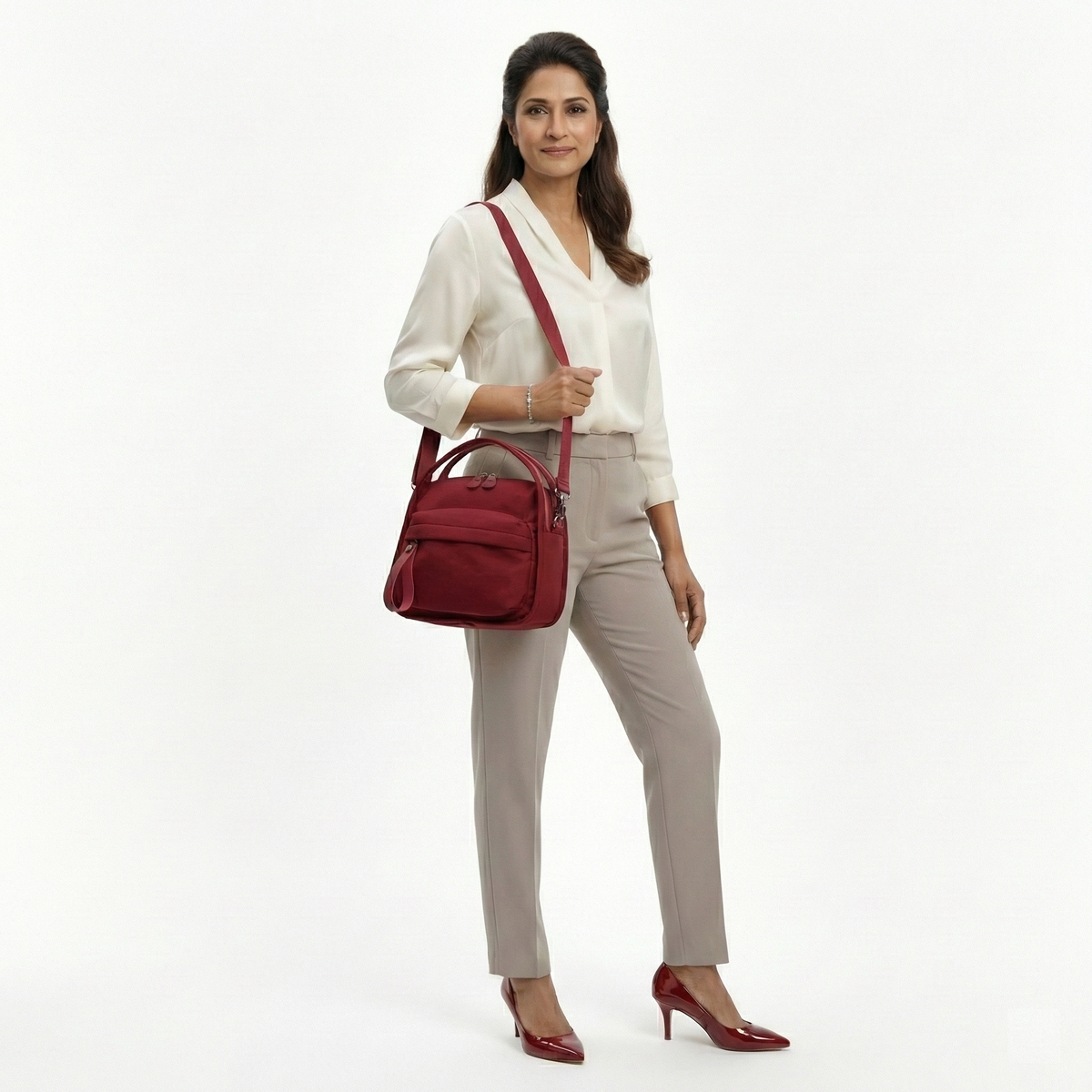 Multi-Pocket Crossbody Bag – Monceau Adjustable Strap — Burgundy, crossbody outfit styling | BTendance