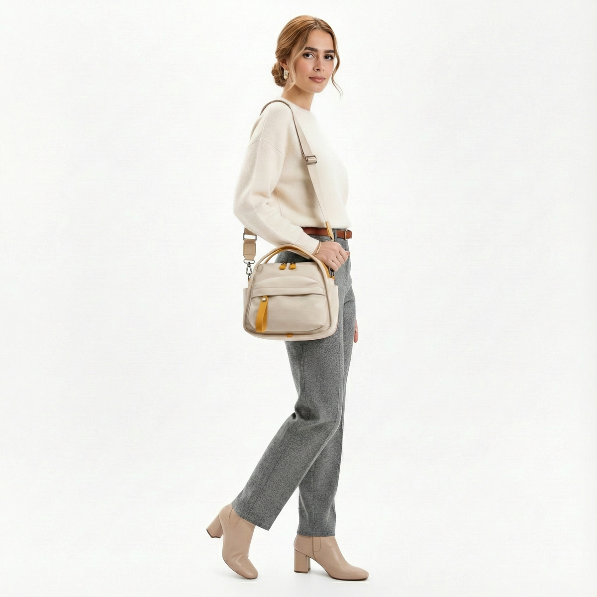 Multi-Pocket Crossbody Bag – Monceau Adjustable Strap — Beige, crossbody outfit styling | BTendance