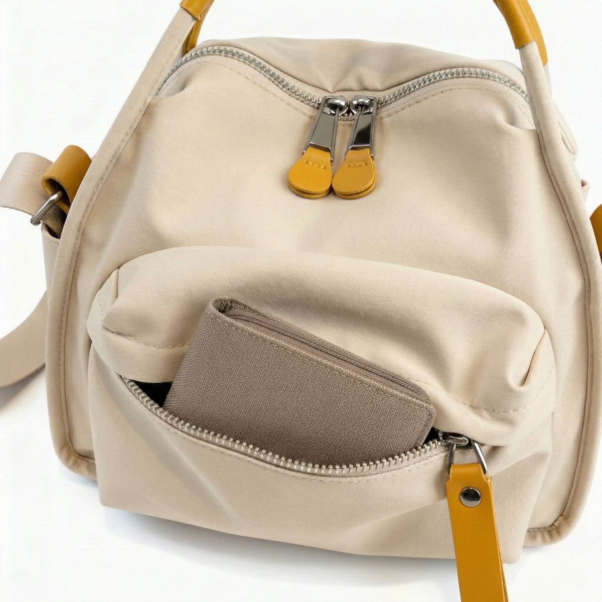 Multi-Pocket Crossbody Bag – Monceau Adjustable Strap — Beige, front pocket detail | BTendance