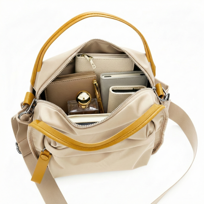 Multi-Pocket Crossbody Bag – Monceau Adjustable Strap — Beige, open main compartment | BTendance