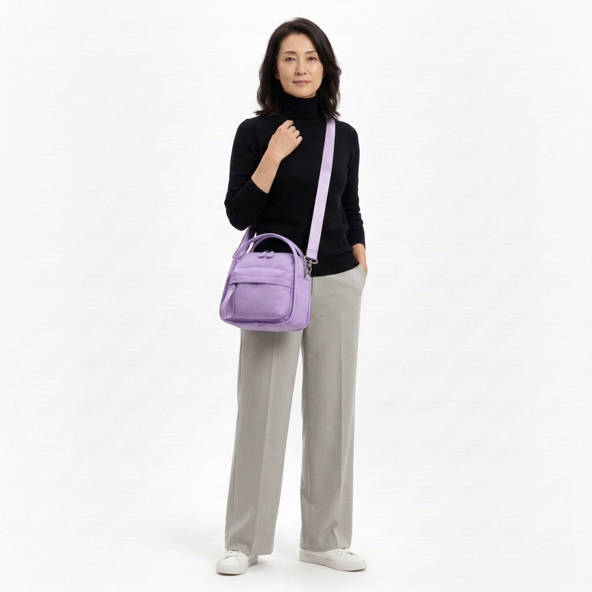 Multi-Pocket Crossbody Bag – Monceau Adjustable Strap — Lavender, crossbody outfit styling | BTendance