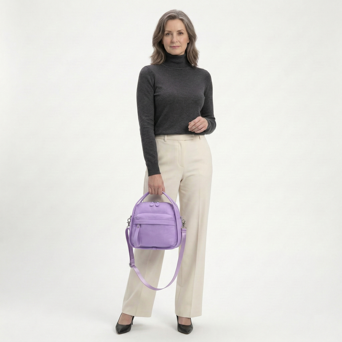 Multi-Pocket Crossbody Bag – Monceau Adjustable Strap — Lavender, hand-held outfit styling | BTendance