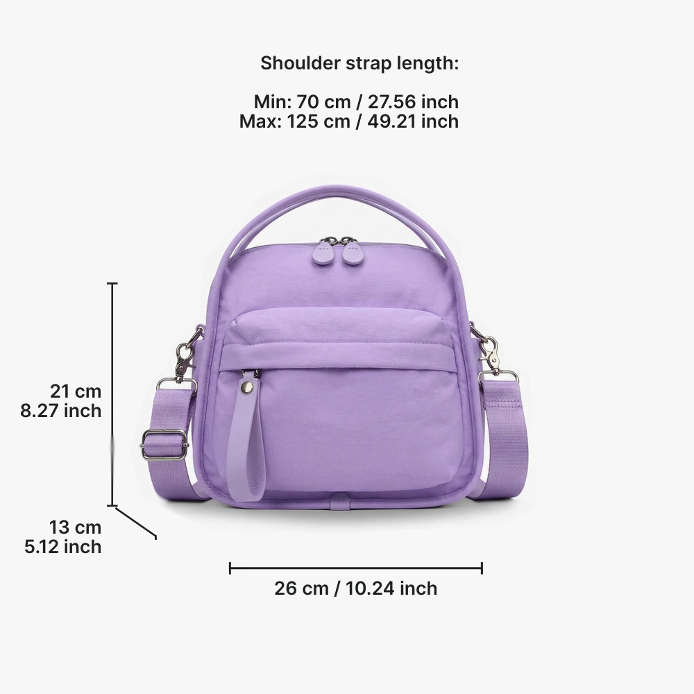 Multi-Pocket Crossbody Bag – Monceau Adjustable Strap — Lavender, measurements | BTendance