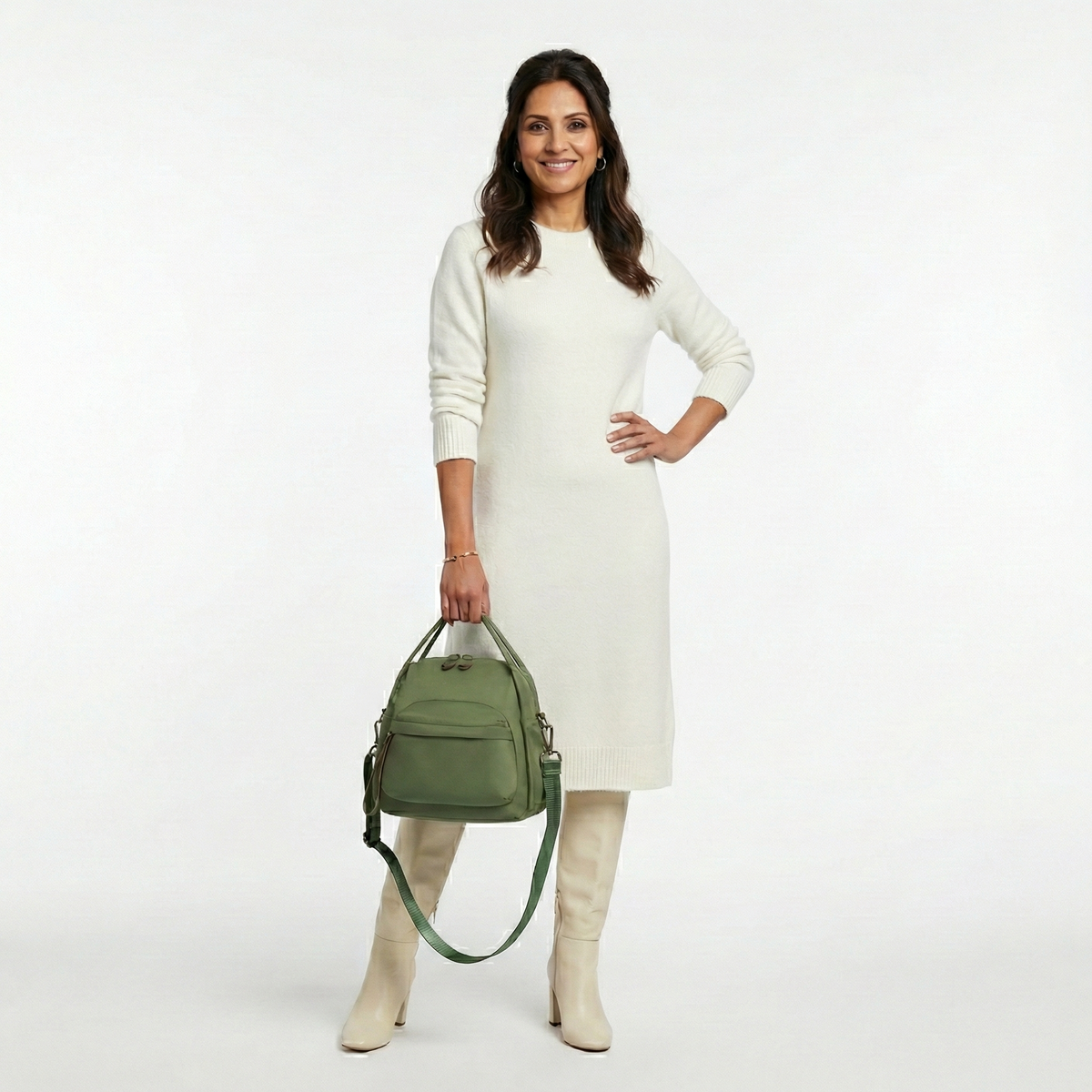 Multi-Pocket Crossbody Bag – Monceau Adjustable Strap — Green, hand-held outfit styling | BTendance