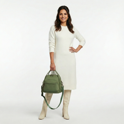 Multi-Pocket Crossbody Bag – Monceau Adjustable Strap — Green, hand-held outfit styling | BTendance