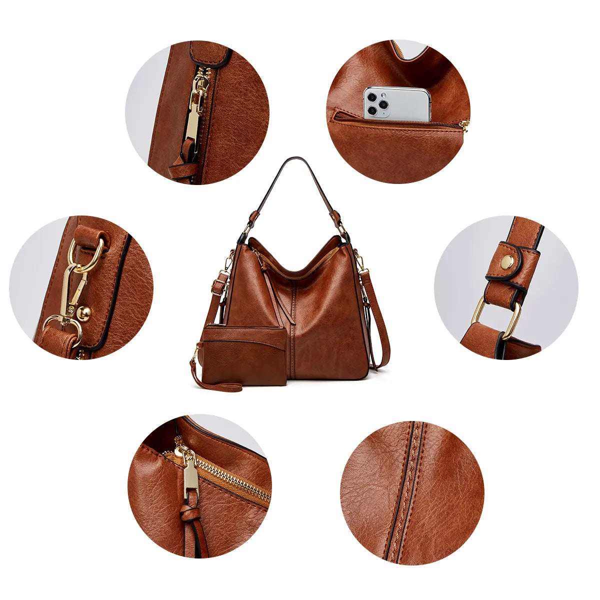 Hobo Shoulder Bag with Pouch – Adjustable Strap — Brown, pocket and strap detail collage | BTendance