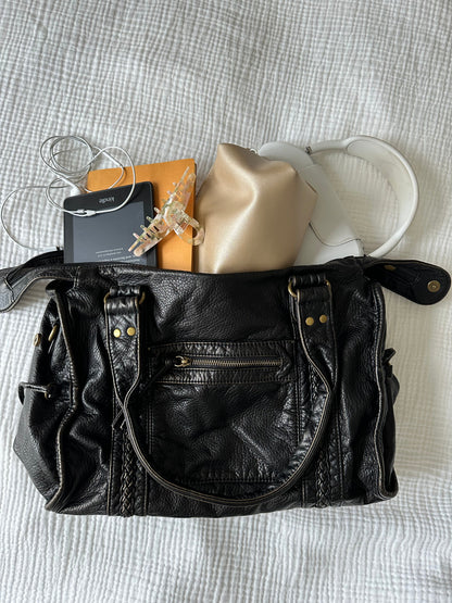 Vegan Leather Shoulder Bag – Arabell Braided Detail — Black, overhead view with belongings | BTendance