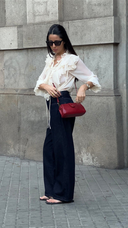 Vintage Crossbody Bag – Snap-Top Frame — Red, full outfit styling | BTendance
