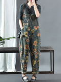 Women's Denim Jumpsuit Blue Floral Print Cotton with Pockets