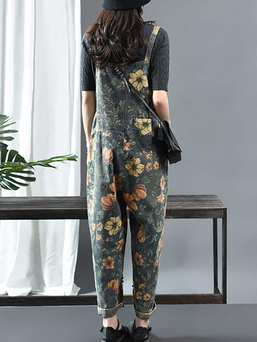Women's Denim Jumpsuit Blue Floral Print Cotton with Pockets