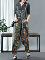 Women's Denim Jumpsuit Blue Floral Print Cotton with Pockets