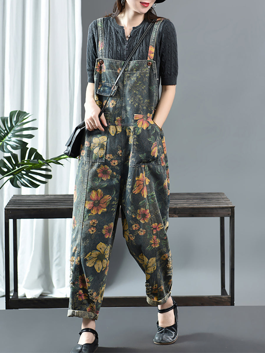 Women's Denim Jumpsuit Blue Floral Print Cotton with Pockets