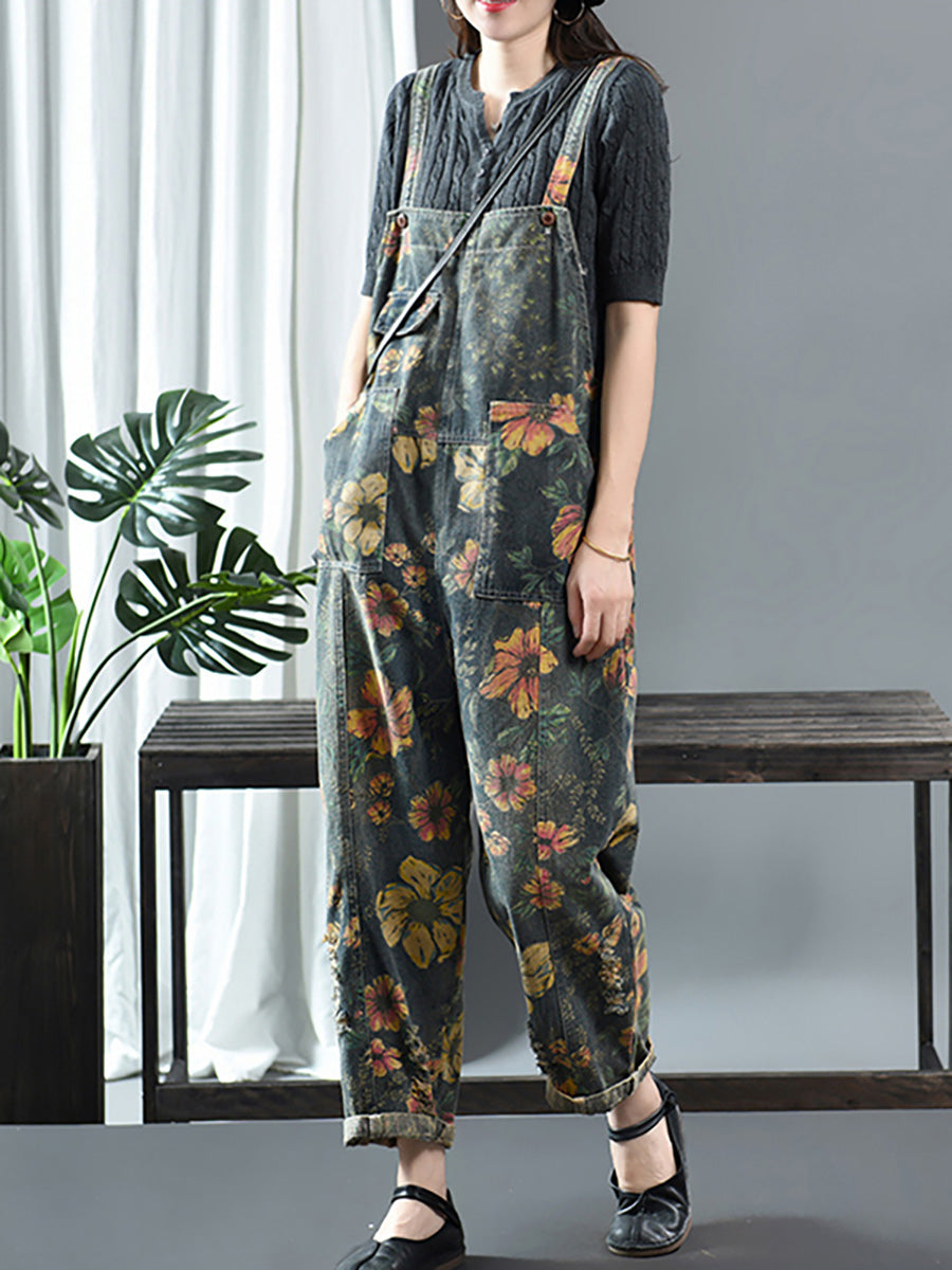 Women's Denim Jumpsuit Blue Floral Print Cotton with Pockets