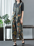 Women's Denim Jumpsuit Blue Floral Print Cotton with Pockets