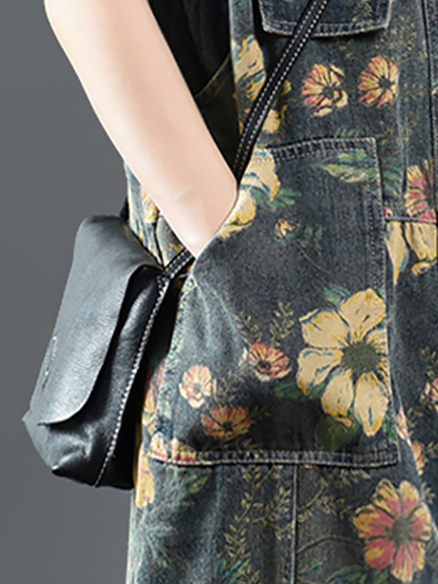 Women's Denim Jumpsuit Blue Floral Print Cotton with Pockets