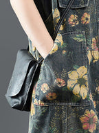Women's Denim Jumpsuit Blue Floral Print Cotton with Pockets