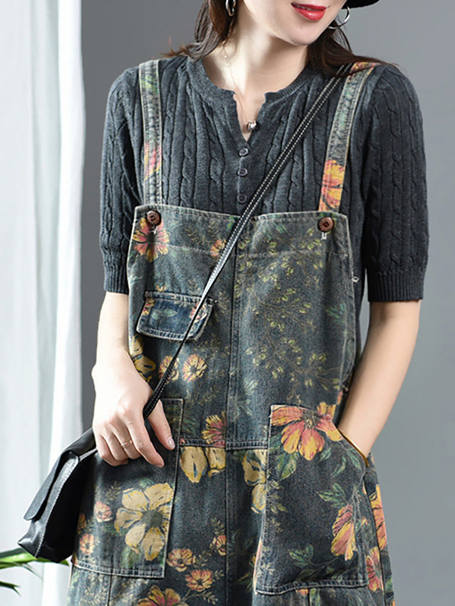 Women's Denim Jumpsuit Blue Floral Print Cotton with Pockets