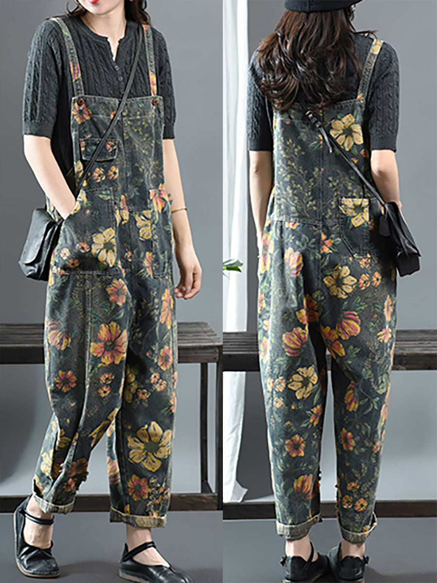 Women's Denim Jumpsuit Blue Floral Print Cotton with Pockets
