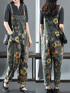 Women's Denim Jumpsuit Blue Floral Print Cotton with Pockets