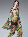 Plus Size Women's Floral Shirt and Wide Leg Pants Set Casual Spring Outfit Polyester