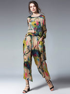 Plus Size Women's Floral Shirt and Wide Leg Pants Set Casual Spring Outfit Polyester