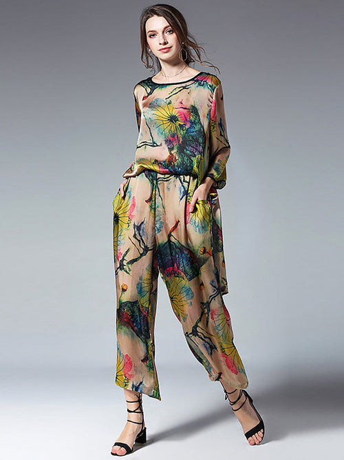 Plus Size Women's Floral Shirt and Wide Leg Pants Set Casual Spring Outfit Polyester