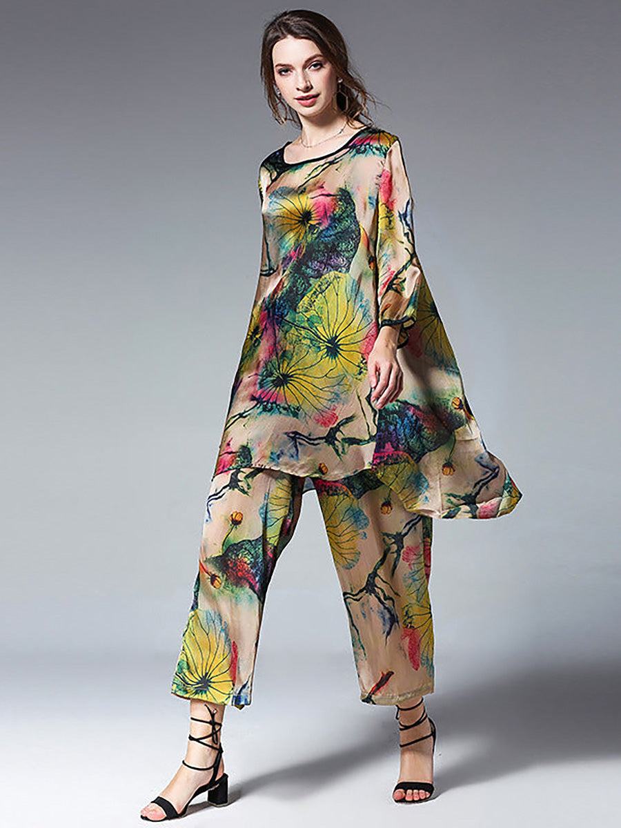 Plus Size Women's Floral Shirt and Wide Leg Pants Set Casual Spring Outfit Polyester