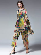 Plus Size Women's Floral Shirt and Wide Leg Pants Set Casual Spring Outfit Polyester