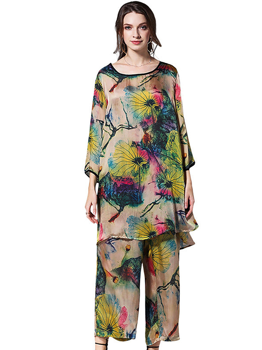 Plus Size Women's Floral Shirt and Wide Leg Pants Set Casual Spring Outfit Polyester